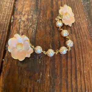 Gold and Pink Floral Brooch with Sparkling Accents